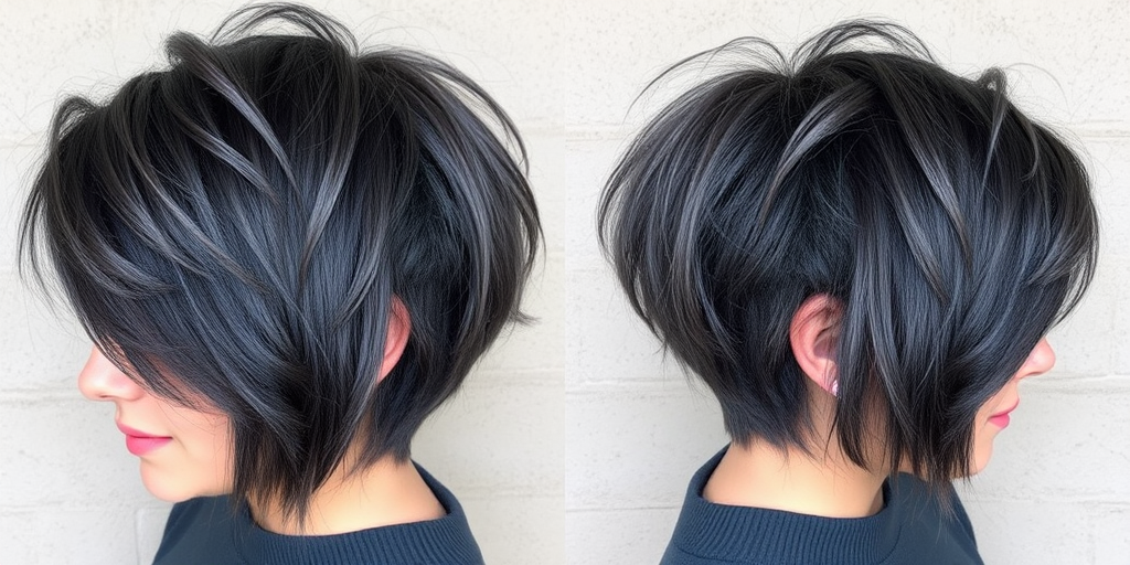 Charcoal grey long pixie cut called "Smoky Quartz" featuring textured layers and wispy bangs, styled with a tousled, bedhead look for effortless cool