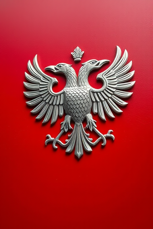 Create a high-resolution image of an ornate double-headed eagle emblem in silver detail on a rich red backdrop, with intricate patterns and a soft gradient, taken with a DSLR camera at f/8, ISO 100, 50mm lens, natural lighting, focused foreground, shallow depth of field.