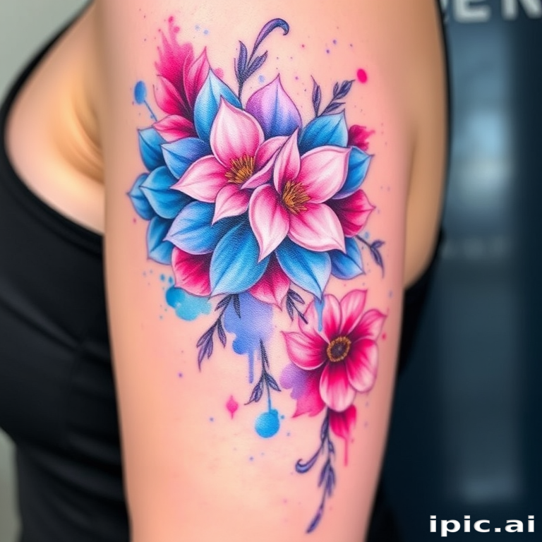 Vibrant watercolor tattoo named "Prismatic Bloom" featuring a cascading floral arrangement with splashes of vivid blues, purples, and pinks, blending seamlessly into the skin with a soft, dreamlike quality