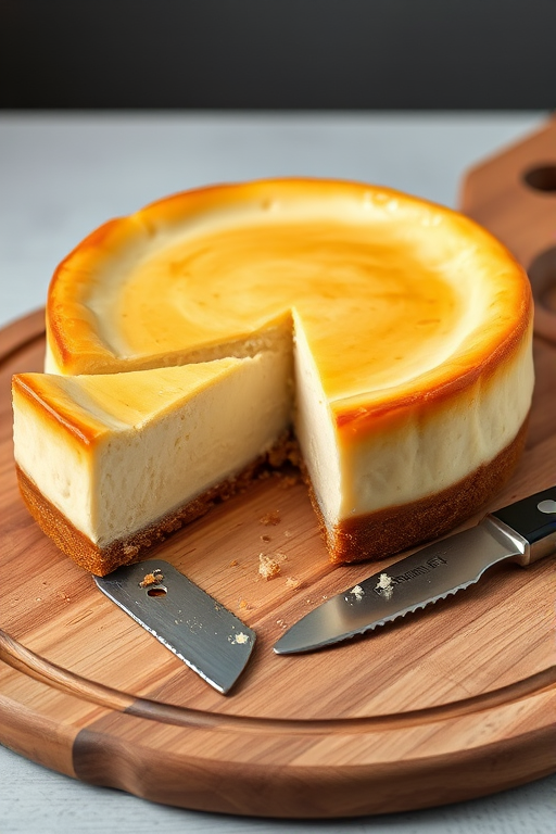 Create an image of a creamy cheesecake with a golden brown crust placed on a wooden serving board. The cheesecake should have a slice cut out, revealing its smooth texture inside. Include a knife resting beside the cheesecake and some crumbs scattered around. The background should be softly blurred to keep the focus on the cheesecake.