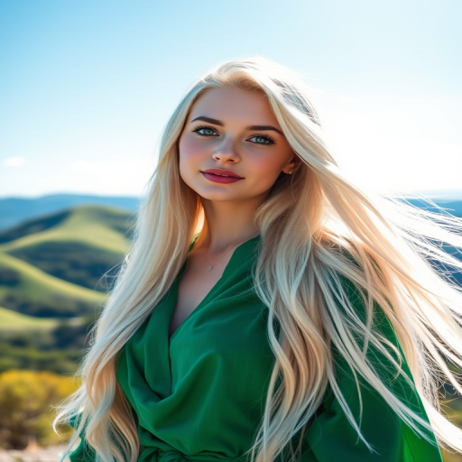 Generate a portrait of a young woman with long flowing white hair in a vibrant green outfit, set against a backdrop of lush rolling hills and a bright blue sky, using a Canon EOS R5, 85mm f/1.2 lens, ISO 100, aperture f/1.8, shutter speed 1/200s, soft focus, natural lighting, and a shallow depth of field to enhance image quality.