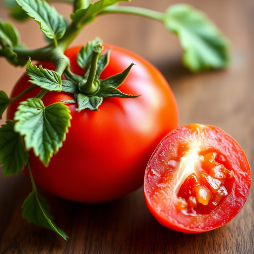 create a realistic illustration of a ripe tomato with a sliced piece beside it, featuring vibrant red color, lush green leaves, soft natural lighting, macro lens settings with a shallow depth of field, captured with a DSLR camera from a slightly elevated angle to enhance detail and texture.
