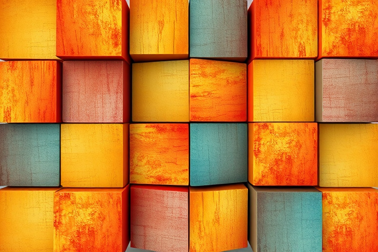 create a vibrant abstract geometric pattern of interlocking cubes in warm and cool tones with rich textures, shot with a DSLR camera at f/8, 1/125s, ISO 100, using a wide-angle lens, top-down perspective, ensuring high detail and clarity.