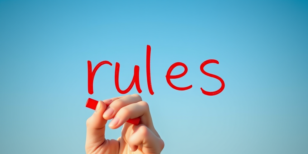 Create an image of a hand holding a red marker writing the word "rules" in a bold, playful font against a gradient blue sky background, captured with a DSLR camera at f/2.8 aperture, 1/250 shutter speed, ISO 100, with a shallow depth of field to focus on the word while softly blurring the background.