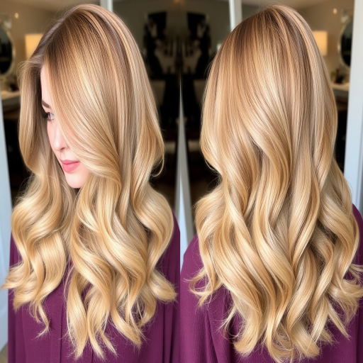Lustrous honey blonde locks styled in a classic Hollywood wave, accentuated by a single streak of rose gold that adds a touch of modern glamour to the timeless look.