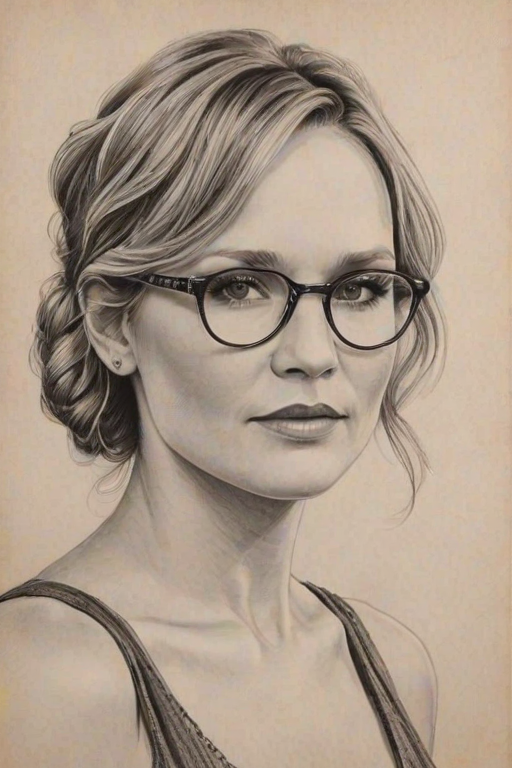 Ravishing Jennifer Nettles, pencil sketch, portrait of Gorgeous woman 1928s in glasses, hair style beatnik, outline, clear lines, fine lines, 8k