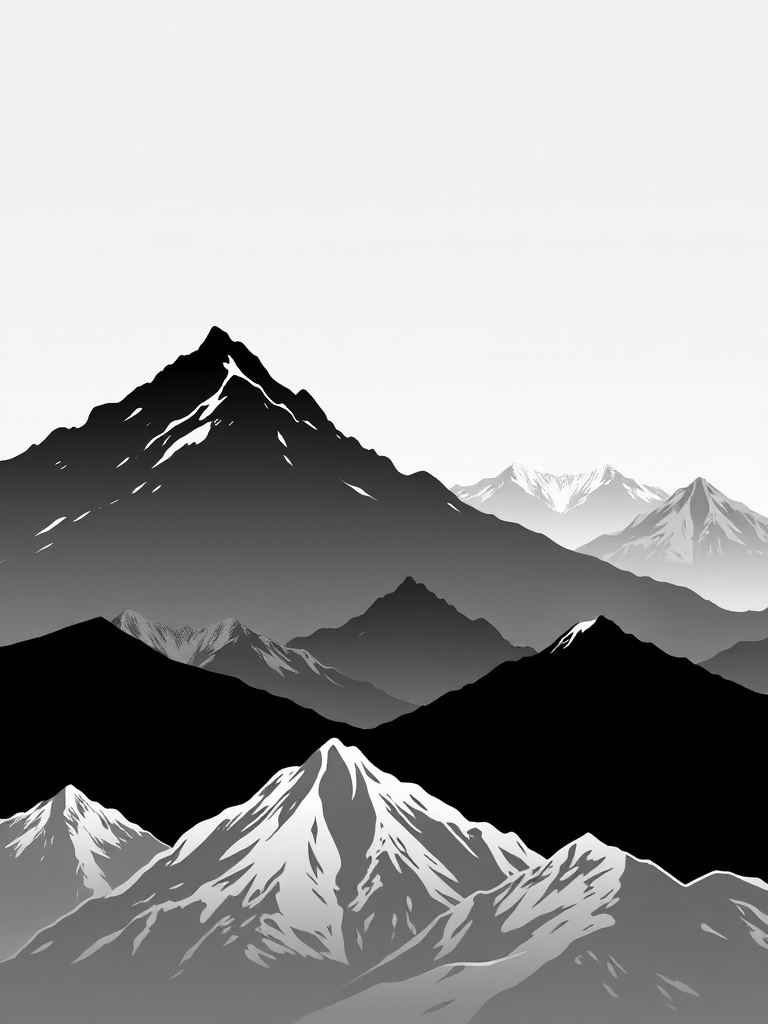 Create a high-quality black and white vector illustration of various mountain silhouettes arranged in a grid, using a Canon EOS R5 camera set to f/8, ISO 100, with a 24-70mm lens, in landscape orientation, and a professional photography style.