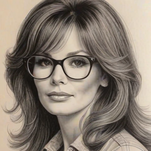 Delightful Jaclyn Smith, pencil sketch, portrait of Delightful woman 1980s in glasses, hair style beatnik, outline, clear lines, fine lines, 8k
