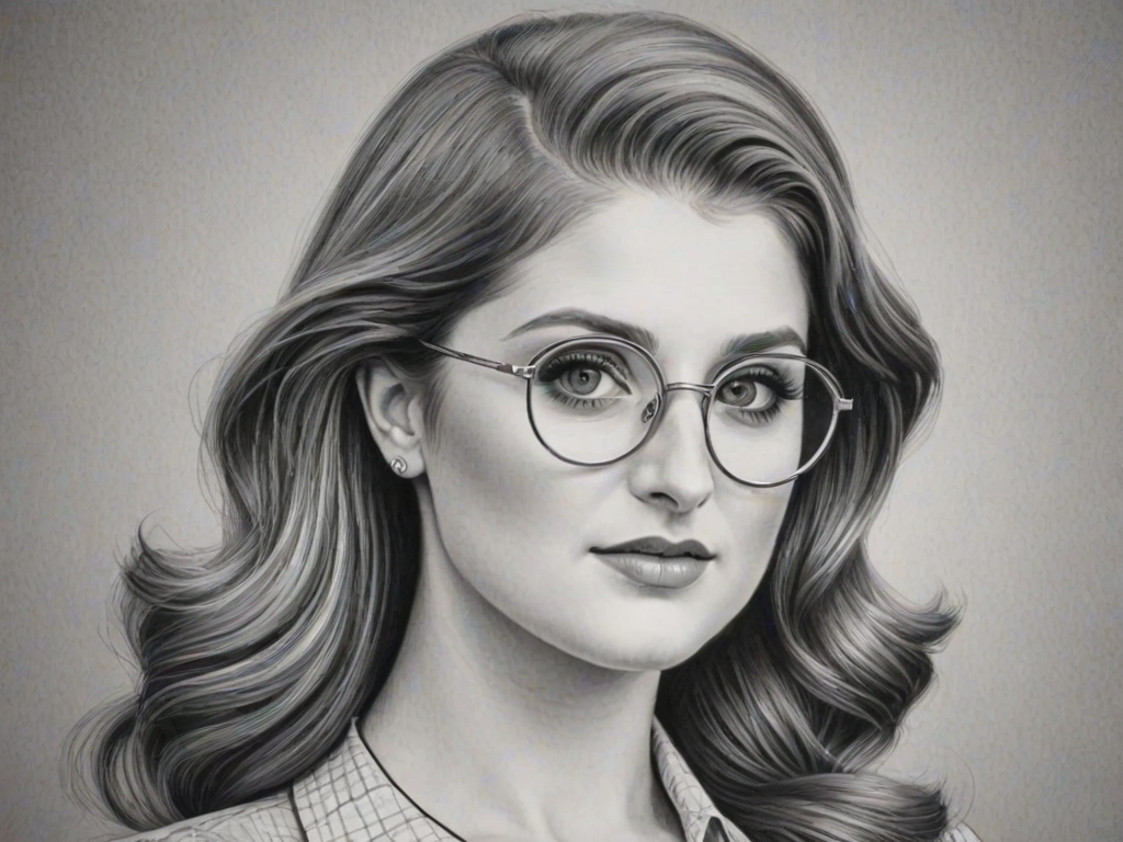 Stunning Meghan Trainor, pencil sketch, portrait of Resplendent woman 1940s in glasses, hair style beatnik, outline, clear lines, fine lines, 8k