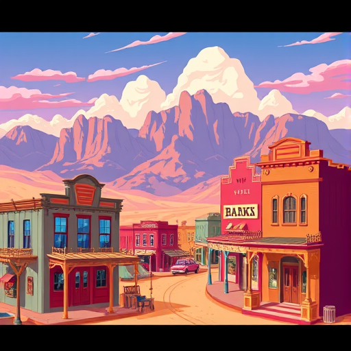 Create a vibrant digital illustration of a Western town scene with colorful buildings like a bank and saloon, set against a backdrop of majestic mountains and desert landscape, using a 50mm lens, f/8 aperture for sharp focus, and a wide-angle view to capture the entire scene, styled as a vector graphic.