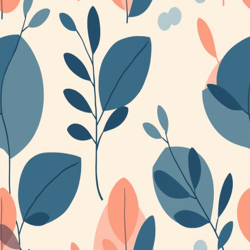 Create a pattern featuring abstract botanical shapes with elongated branches in soft blue and muted coral tones on a light beige background, captured using a DSLR camera with a 50mm lens at f/8, ISO 100, in a top-down view style to enhance clarity and detail.