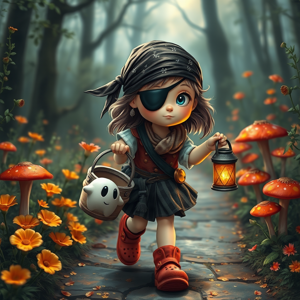 ultra detailed, photo realistic, painterly, of a little girl pirate, patch over one eye, black bandana over hair, walking and carrying an white ghost bucket and a lantern in the other hand, with bright red croc shoes, background path in the enchanted forest, wildflowers, colorful mushrooms misty hues of black and orange with bright gold glitter, ultra detailed
