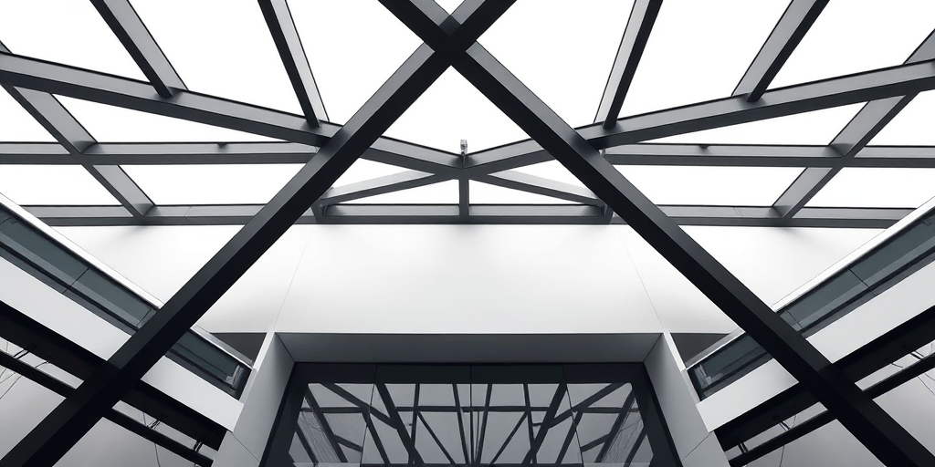 Regenerate the architectural image of a modern building with an abstract design featuring intersecting black beams on a minimalistic white background, captured with a Canon EOS R5, 24mm lens, f/8 aperture, 1/125 sec shutter speed, ISO 100, utilizing a wide-angle perspective for enhanced detail and clarity.