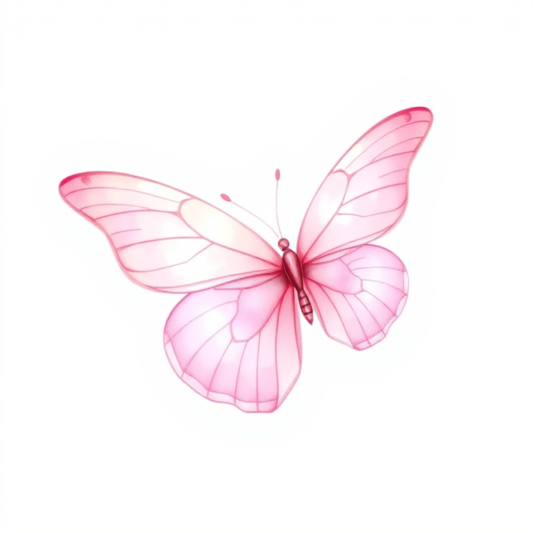 Create a watercolor illustration of a delicate pink butterfly with soft gradient wings, showcasing shades of light pink and cream. The butterfly should be depicted from a side view, highlighting its intricate wing patterns and gentle curves. The background should be minimal to emphasize the beauty of the butterfly.