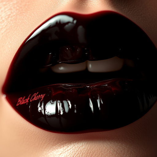 Intriguing close-up of black cherry lips with a glossy finish, emphasizing deep, rich color and reflective properties in contrasting light