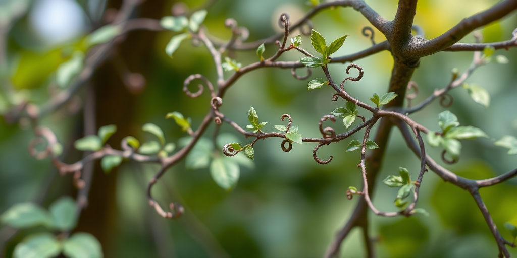Create a detailed illustration of a vine with intricate swirling branches and small leaves, using a high-resolution image setting, macro lens, shallow depth of field, and soft natural lighting to enhance texture and detail.