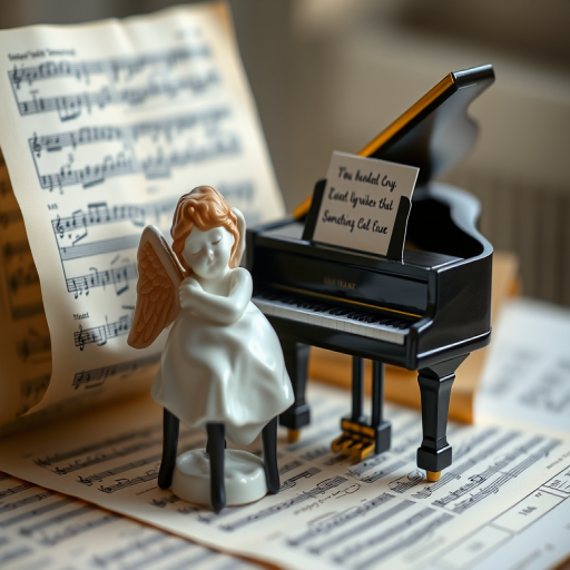 a small grand piano next to a porcelain figurine of a sleeping angel on sheet music, soft focus, f/2.8, ISO 100, 50mm lens, macro view, natural lighting, shallow depth of field, captured with a DSLR