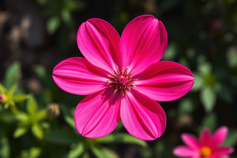 Photograph a vibrant pink flower with detailed petals from a top-down view using a Canon EOS R6, f/2.8 aperture, 50mm lens, ISO 100, and natural lighting to enhance the colors and textures.