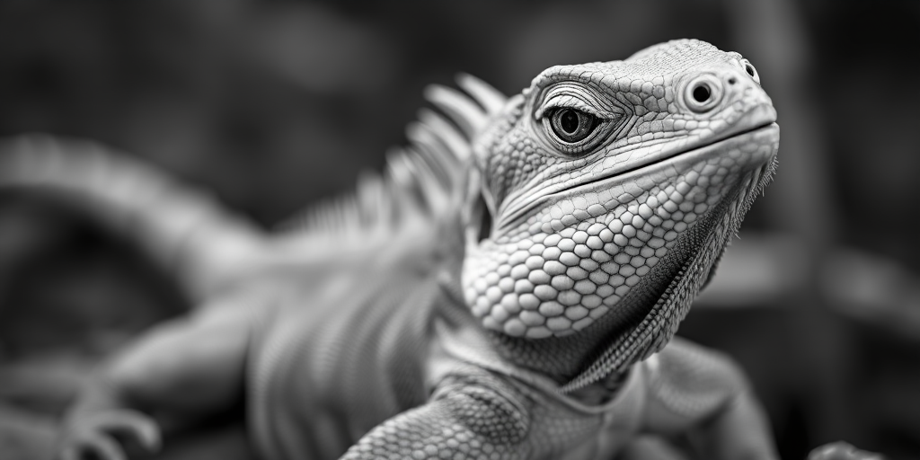 high-resolution black and white photograph of an iguana with detailed textures, shallow depth of field, taken with a DSLR camera at f/2.8, ISO 100, 50mm lens, natural soft lighting, focus on the iguana's features against a blurred background