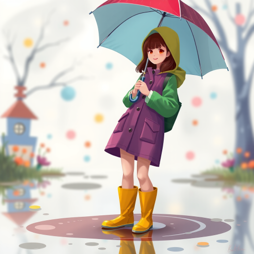 generate an illustration of a woman in a colorful raincoat and yellow boots holding an umbrella, standing in a puddle, with a whimsical background, use a DSLR camera, 50mm lens, f/2.8 aperture, natural lighting, high resolution, vibrant colors, and a shallow depth of field