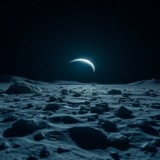 Generate a high-resolution image of a distant planet viewed from a rocky lunar surface with a starry background, using a DSLR camera at f/8 aperture, ISO 100, 30 seconds exposure, 24mm lens, capturing a wide-angle perspective with enhanced color saturation and contrast.