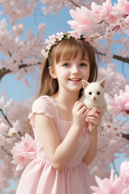 Joyful Girl in Pink Dress Holding Adorable White Kitten Among ...