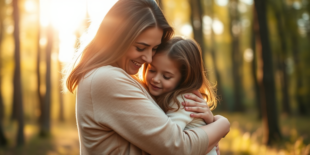 a tender moment of a mother embracing her daughter in a sunlit forest with a soft bokeh background, using a DSLR camera with a 50mm lens, aperture set to f/1.8, ISO 200, shutter speed 1/200s, natural light, warm tones, high dynamic range.