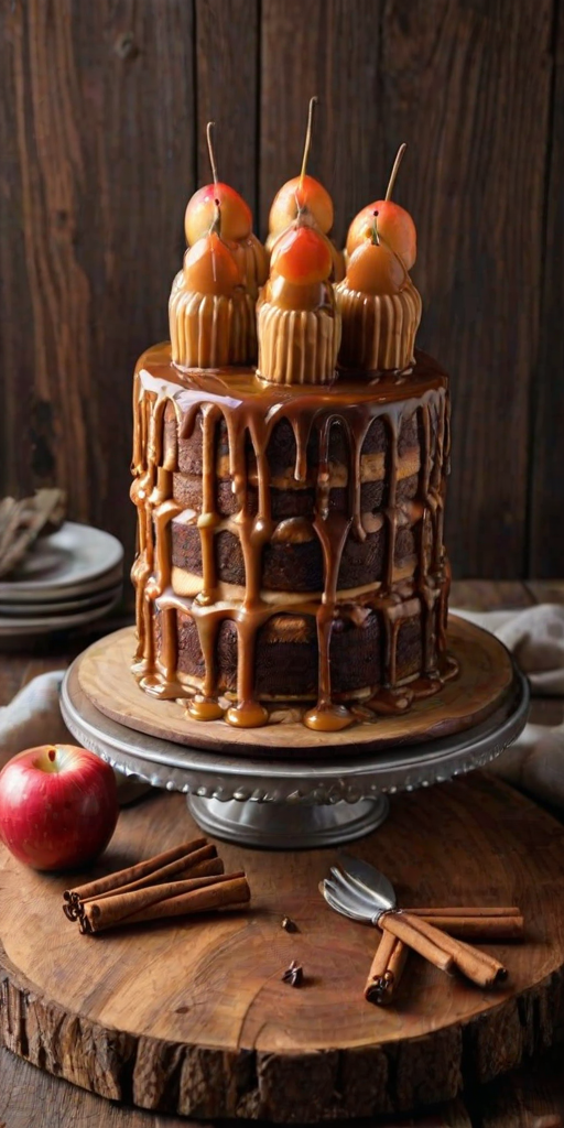 Create an image of a tall, layered cake with alternating layers of light-colored frosting and dark cake. The top of the cake is drizzled with a thick caramel sauce, and several cinnamon sticks are artfully placed on top. The background features wooden textures and a few apples and cinnamon sticks scattered around for decoration. The overall atmosphere should be warm and inviting, evoking a cozy autumn vibe.