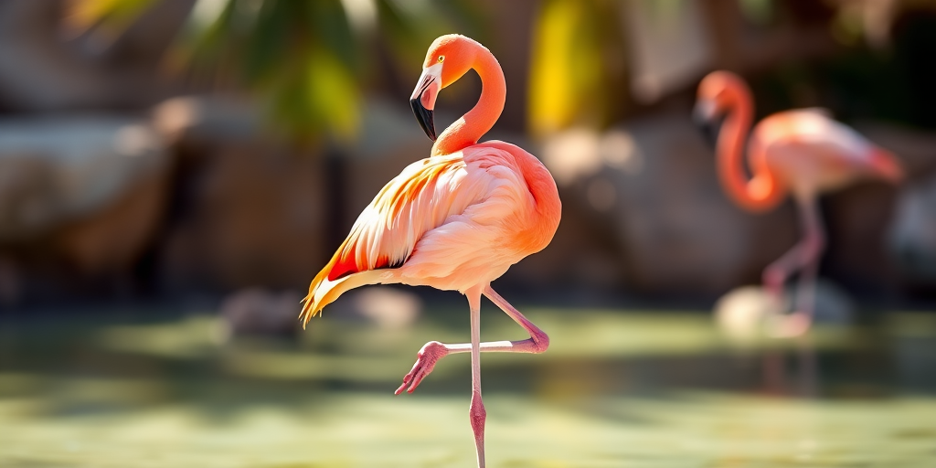 Create a vibrant illustration of a flamingo standing on one leg, captured with a DSLR camera at f/4 aperture, ISO 200, 50mm lens, in natural lighting with a shallow depth of field to focus on the bird against a blurred background.
