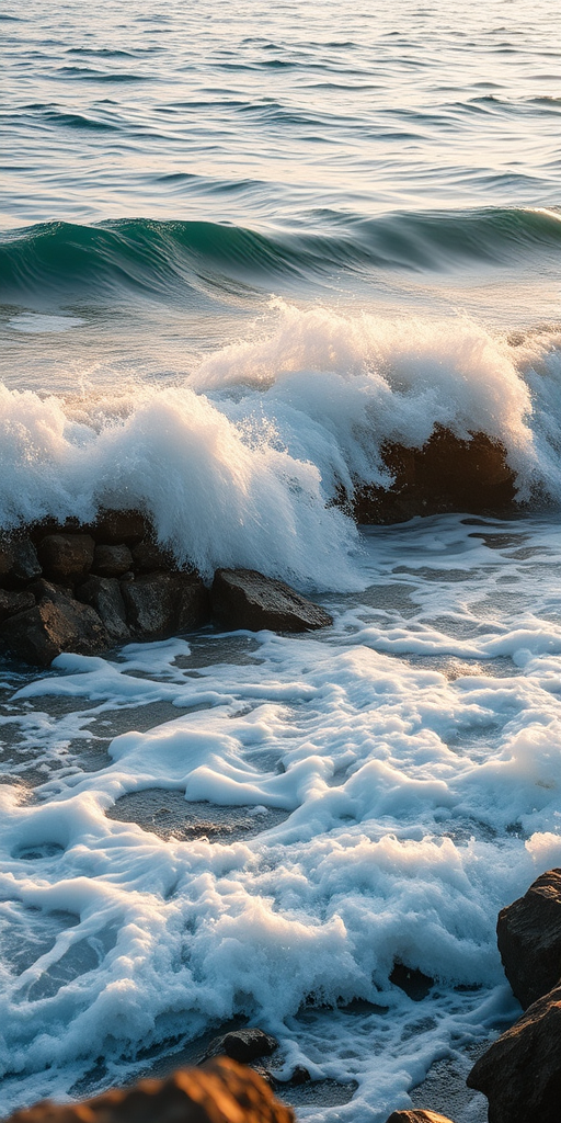 High-resolution image of ocean waves crashing against rocky shoreline during golden hour, with soft natural light, using a DSLR camera with a 50mm lens, f/8 aperture, ISO 200, and a shutter speed of 1/250 sec for sharp detail.
