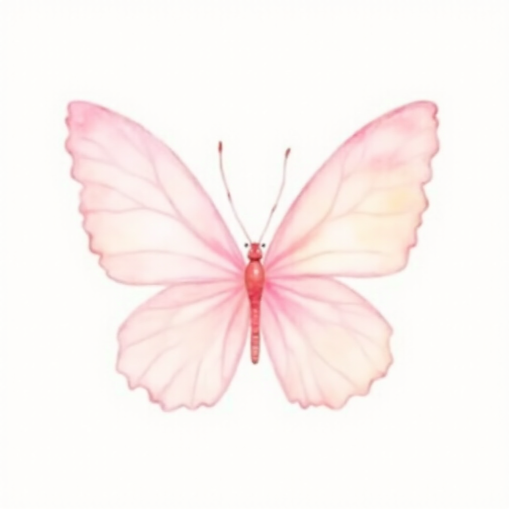 Create a watercolor illustration of a delicate pink butterfly with soft gradient wings, showcasing shades of light pink and cream. The butterfly should be depicted from a side view, highlighting its intricate wing patterns and gentle curves. The background should be minimal to emphasize the beauty of the butterfly.