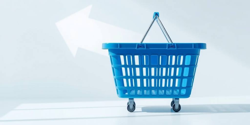 Create a minimalistic design of a blue shopping basket with a clear background and a large white arrow pointing towards it, using a DSLR camera with a 50mm lens at f/2.8, captured from a front view with soft natural lighting to enhance the colors and details.