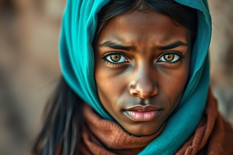 Create a portrait of a young Tuareg female with long, dark hair and captivating hazel eyes. She is wearing a cyan headscarf and a matching scarf draped gracefully around her neck. The background is softly blurred, focusing attention on her serene and natural expression. The overall color palette is muted and warm, enhancing the intimate and authentic feel of the portrait.