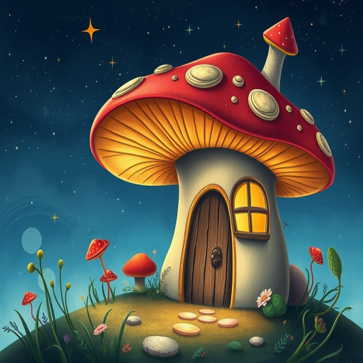create illustration of a mushroom house with a door and a window, a storybook , fantasy art, mushroom house, bg starry sky, sparkles
