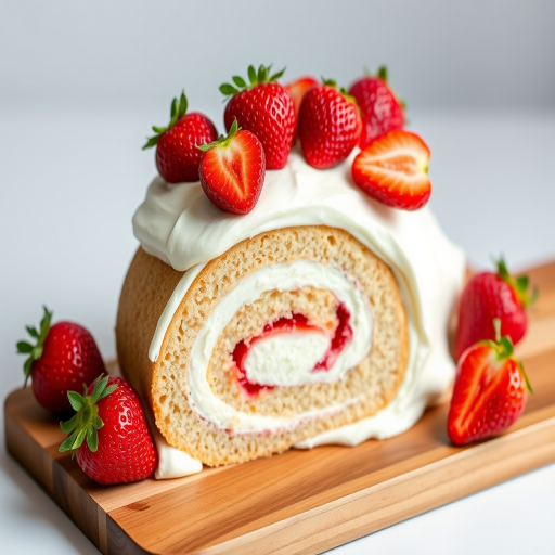 Create an image of a strawberry cream roll cake with a fluffy white frosting topped with fresh strawberries on a wooden board. The cake should have a visible swirl of strawberry filling inside, and there should be a few whole strawberries placed next to the cake. The background should be soft and light to highlight the cake.