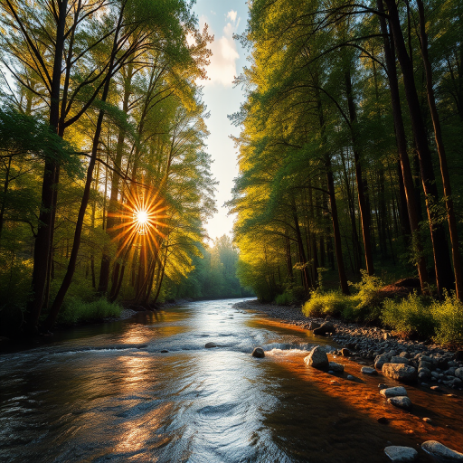 Create an image of a serene, sunlit forest scene with a clear, gently flowing river. Tall trees with lush green foliage line both sides of the river, their leaves bathed in the warm golden light of the setting or rising sun. The sunlight filters through the trees, casting soft, dappled light on the river, which flows over smooth rocks and pebbles, creating a peaceful, natural atmosphere. The sky is bright with a few scattered clouds, and the overall mood is tranquil, evoking a deep sense of connection with nature. The image captures the beauty of a calm, pristine forest landscape at either dawn or dusk.