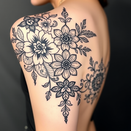 Ornamental blackwork tattoo titled "Lace Elegance" showcasing intricate floral and geometric patterns inspired by delicate lace designs with varying line weights and negative space