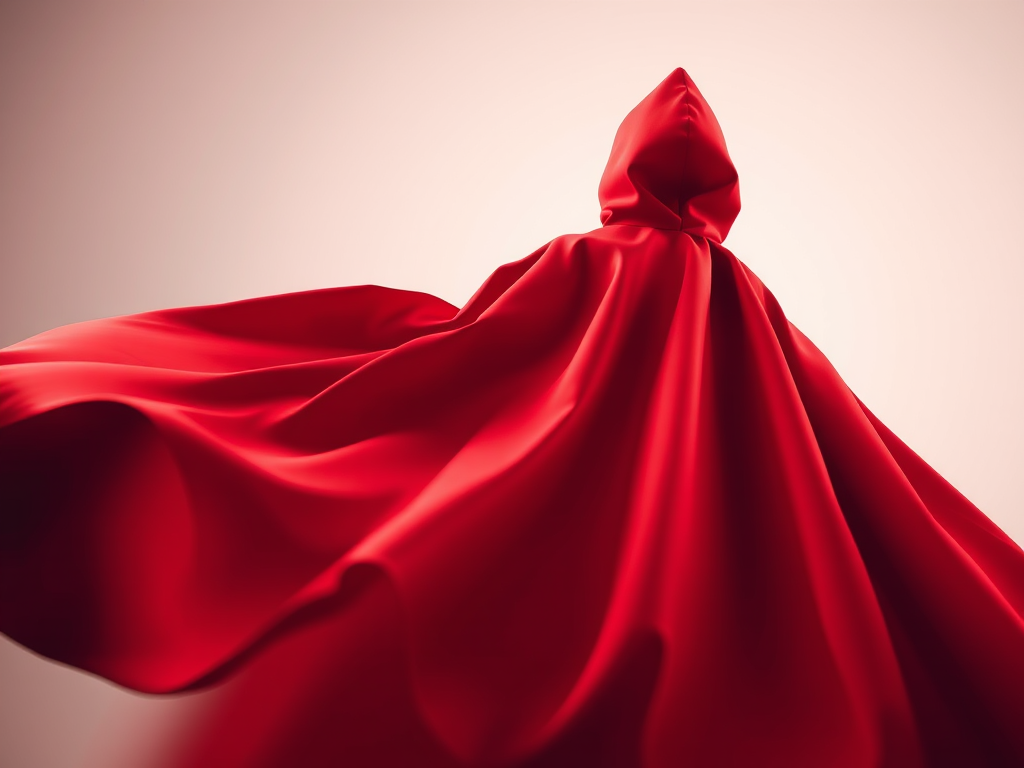 generate an image of a red cape with white stripes flowing gently in a soft light, camera settings: aperture f/2.8, ISO 100, shutter speed 1/250s, camera view: frontal, camera style: high contrast, camera type: digital DSLR