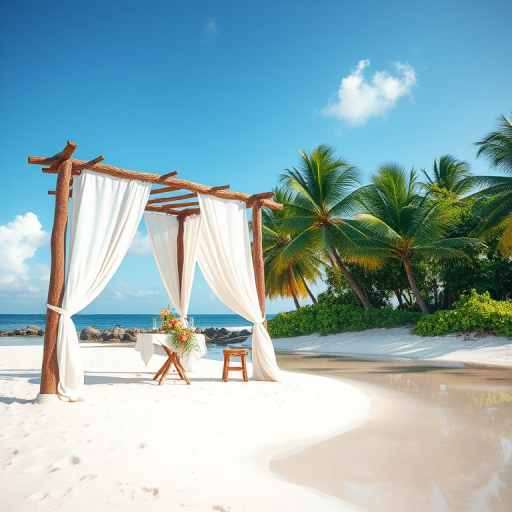 Create a picturesque tropical beach scene featuring a serene, white sandy shore. In the foreground, there's a rustic wooden canopy with white drapes gently flowing in the breeze. Underneath the canopy, a table is set with tropical decor, evoking a sense of relaxation and leisure. The beach extends into a calm, shallow water area with reflections of the sky and surroundings. Palm trees and lush greenery line the edge of the beach, providing a natural, tropical backdrop. The sky is clear with a few scattered clouds, and the overall atmosphere is tranquil and inviting, perfect for a peaceful retreat.