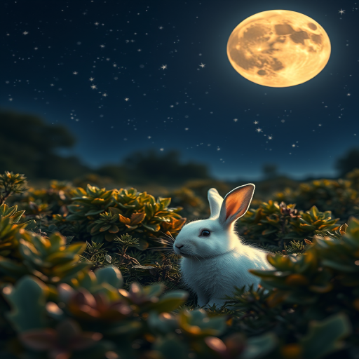 A serene landscape featuring a white rabbit sitting among detailed foliage, illuminated by a large full moon in a starry night sky, with a soft focus effect, taken with a DSLR camera at f/2.8, ISO 100, 50mm lens, capturing vivid colors and intricate textures.
