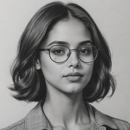 Enchanting Naomi Scott, pencil sketch, portrait of Gorgeous woman 1969s in glasses, hair style beatnik, outline, clear lines, fine lines, 8k