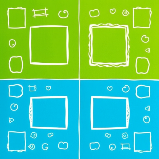 Generate a symmetric pattern with four quadrants featuring white hand-drawn doodles of frames and organic shapes on a green and blue background, using a DSLR camera with a 50mm lens at f/2.8 to enhance depth of field and sharpness, in natural light.