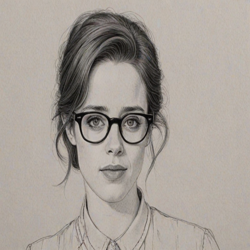 Splendid Claire Foy, pencil sketch, portrait of Radiant woman 1975s in glasses, hair style beatnik, outline, clear lines, fine lines, 8k