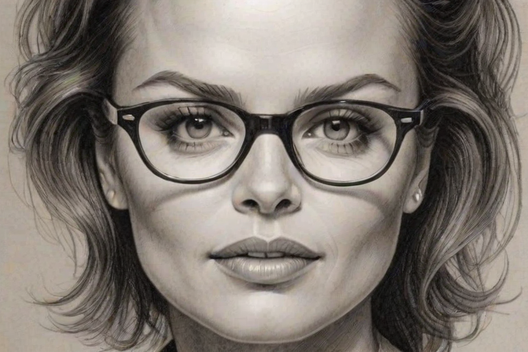 Exquisite Dina Meyer, pencil sketch, portrait of Enchanting woman 1948s in glasses, hair style beatnik, outline, clear lines, fine lines, 8k