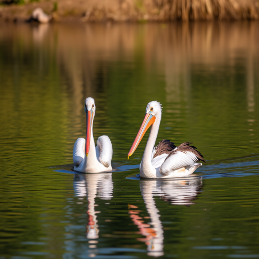 two pelicans swimming in a tranquil pond, soft natural light, shallow depth of field, ISO 200, f/4 aperture, 1/500 sec shutter speed, landscape view, DSLR camera, vibrant colors and reflections on water