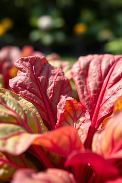 capture a close-up of vibrant red and green Swiss chard leaves in a garden setting, using a DSLR camera, 50mm lens, aperture f/2.8, ISO 200, natural lighting, shallow depth of field for enhanced detail and texture