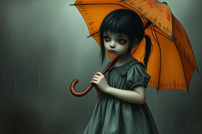 An eerie, weird little girl with dark hair in thin pigtails, wearing a smock dress, standing in the rain, holding a dirty orange umbrella, a small, odd creature beside her. In a surreal style inspired by Nicoletta Ceccoli and Brian Froud. Dark fantasy themes