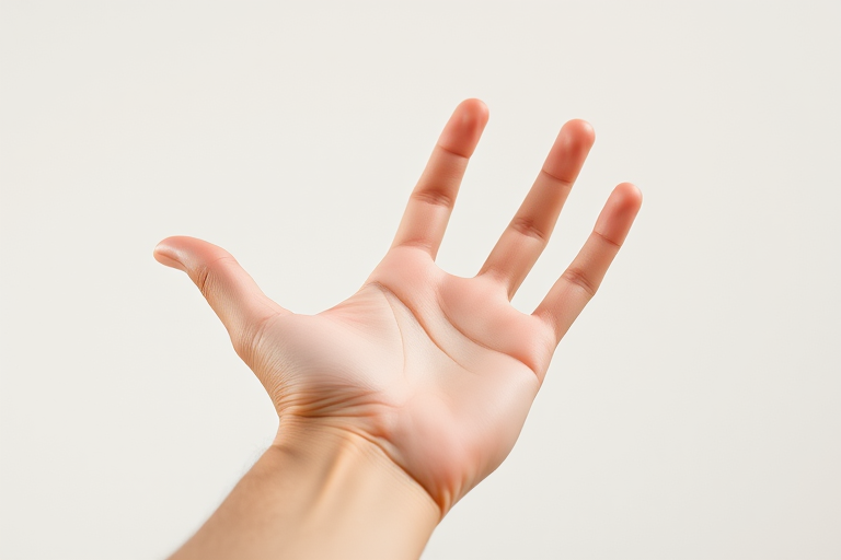 Create an image of an outstretched hand against a plain background, using a DSLR camera with a 50mm lens, aperture set to f/2.8, ISO 100, shot in natural light from a slightly elevated angle to enhance detail and texture.