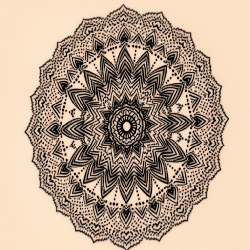 Intricate dotwork mandala tattoo titled "Infinite Serenity" composed entirely of thousands of meticulously placed dots forming intricate geometric patterns and sacred symbols radiating outward from a central focal point gradual shading achieved through dot density creates a mesmerizing three-dimensional effect evoking a sense of calm and balance