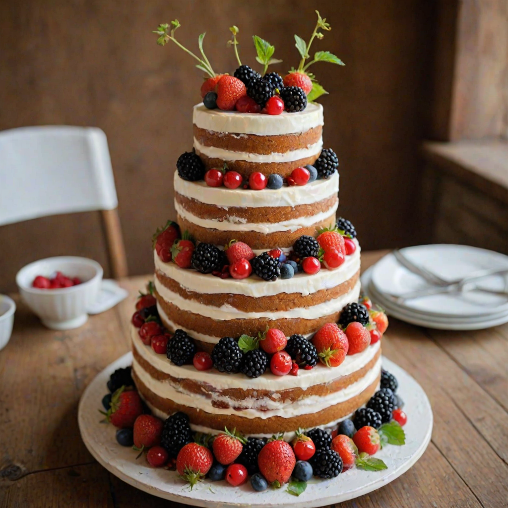 Generate an image of a three-tiered wedding cake. The bottom layer should be larger and decorated with smooth white frosting, the middle layer should be slightly smaller and also covered in white frosting, while the top layer should be the smallest. All layers should have chocolate ganache dripping down the sides. Decorate the cake with an assortment of fresh berries, including strawberries, blackberries, and red currants, placed artistically around each tier. The cake should be presented on a rustic wooden cake stand.